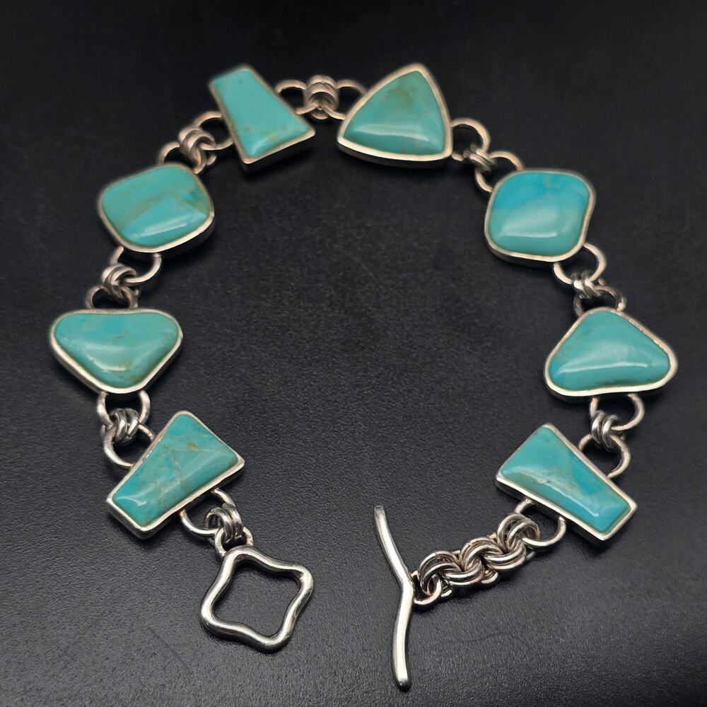 Sterling Silver Turquoise Bracelet Geometric 925 LT Thailand Southwest